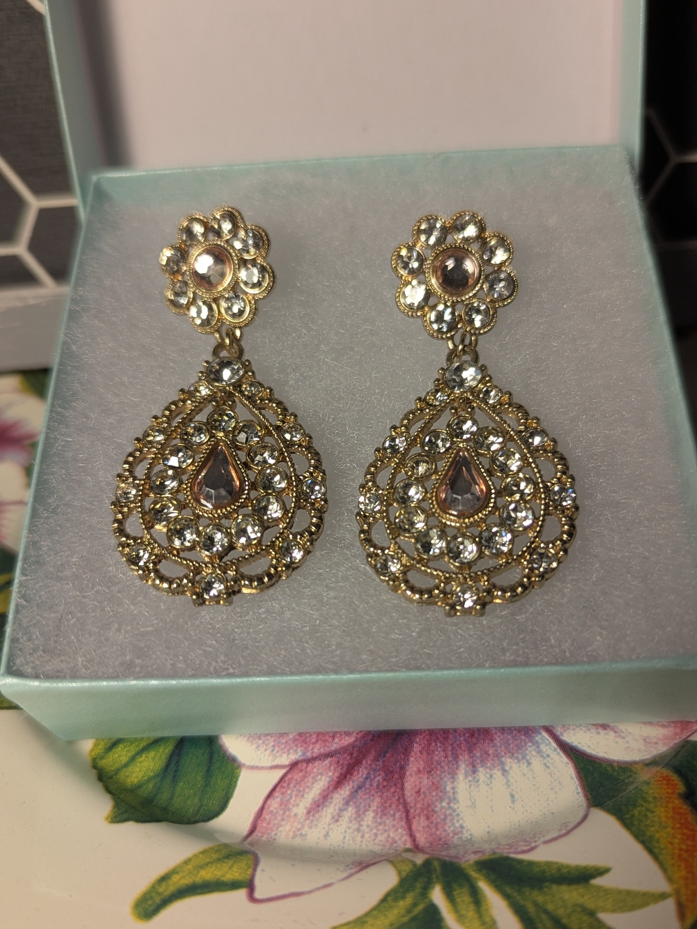 Gold Crystal Teardrop Dangle Earrings - Women's Jewelry